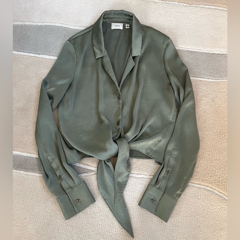 Aritzia Silk Sage Green Tie Front Blouse | XS